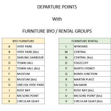 DEPARTURE POINTS + FURNITURE BYO / RENTAL GROUPS